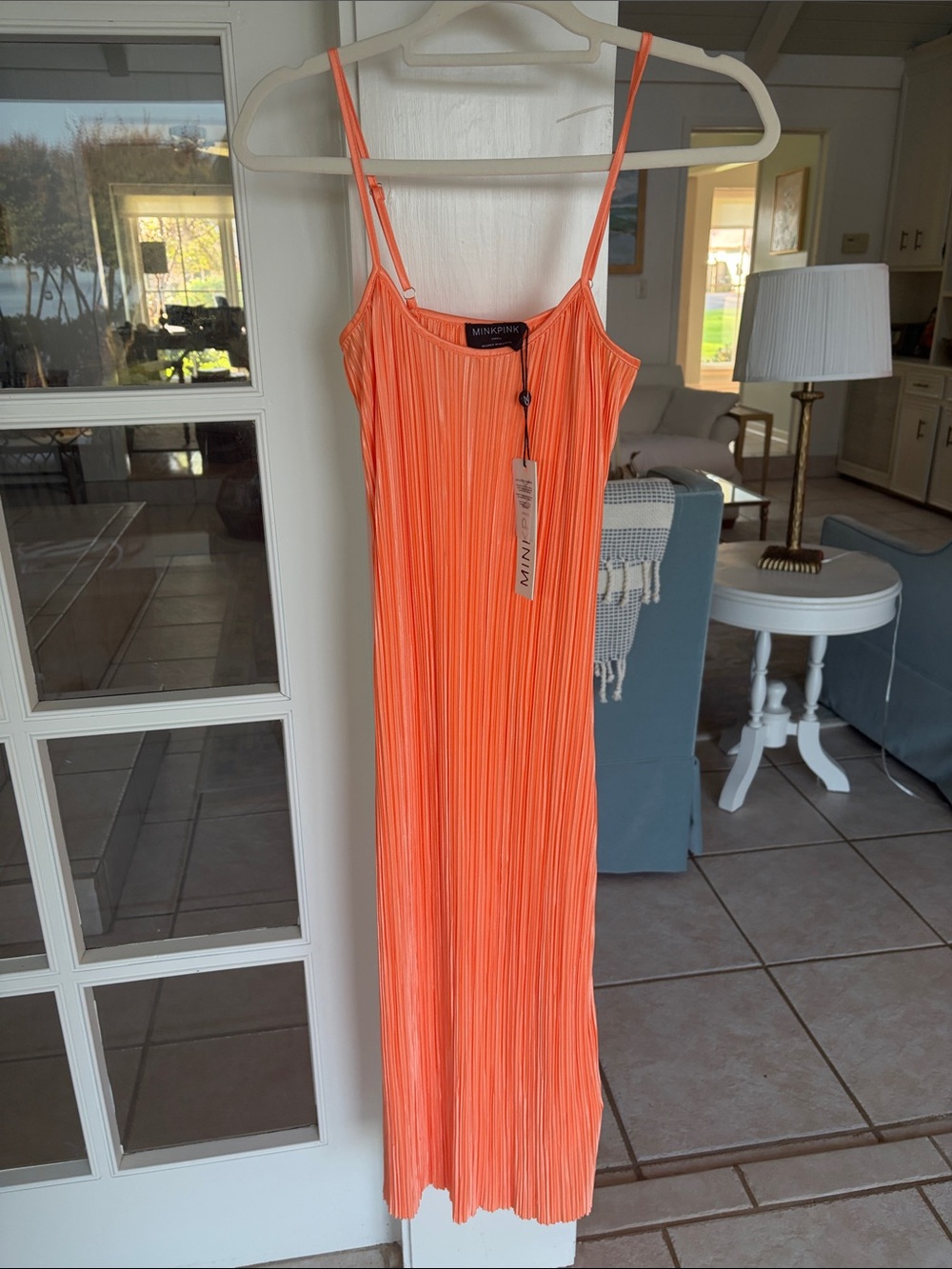 Mango Neon Orange Pleated Maxi Slip Dress with Adjustable Straps